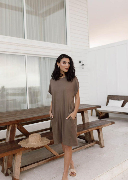 Lou Lou Australia Nicks Bamboo Short Sleeve T-Shirt Dress in Chocolate.
