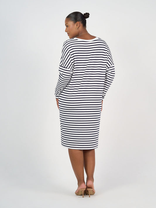 Turner Long-Sleeve Bamboo T-Shirt Dress - Navy & White Stripe