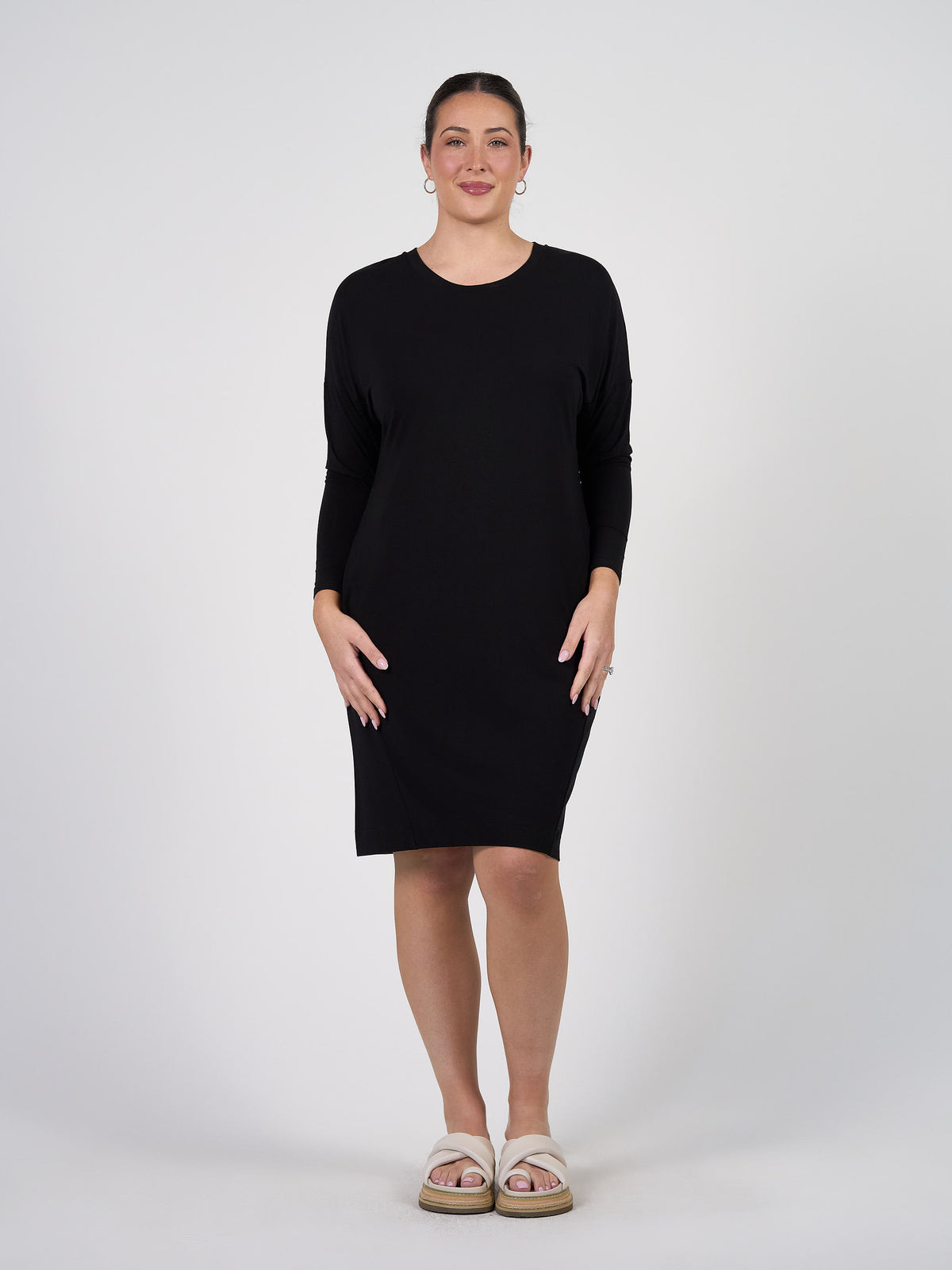 Lou Lou Australia Turner Long-Sleeve Bamboo T-Shirt Dress in black.