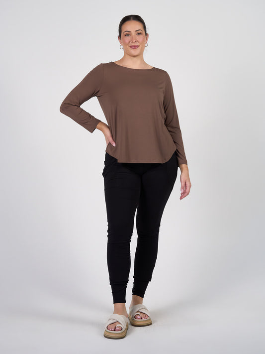 Lou Lou Australia Adele Long Sleeve Bamboo Top in Chocolate, featuring soft bamboo fabric and rich brown colour.