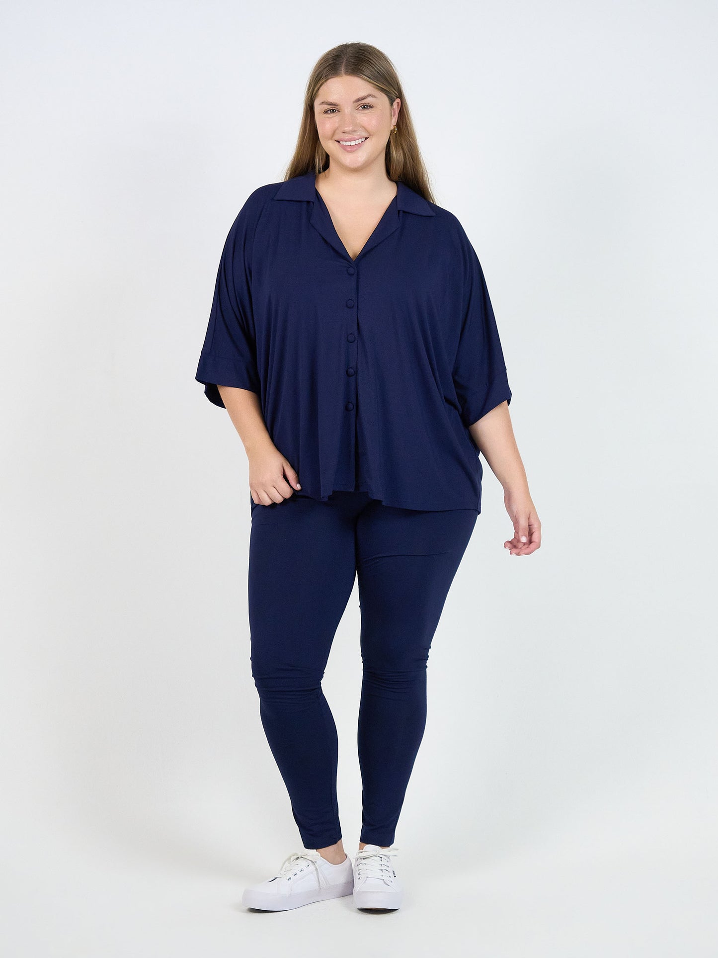Alanis 3/4 Sleeve Collared Bamboo Shirt - Navy