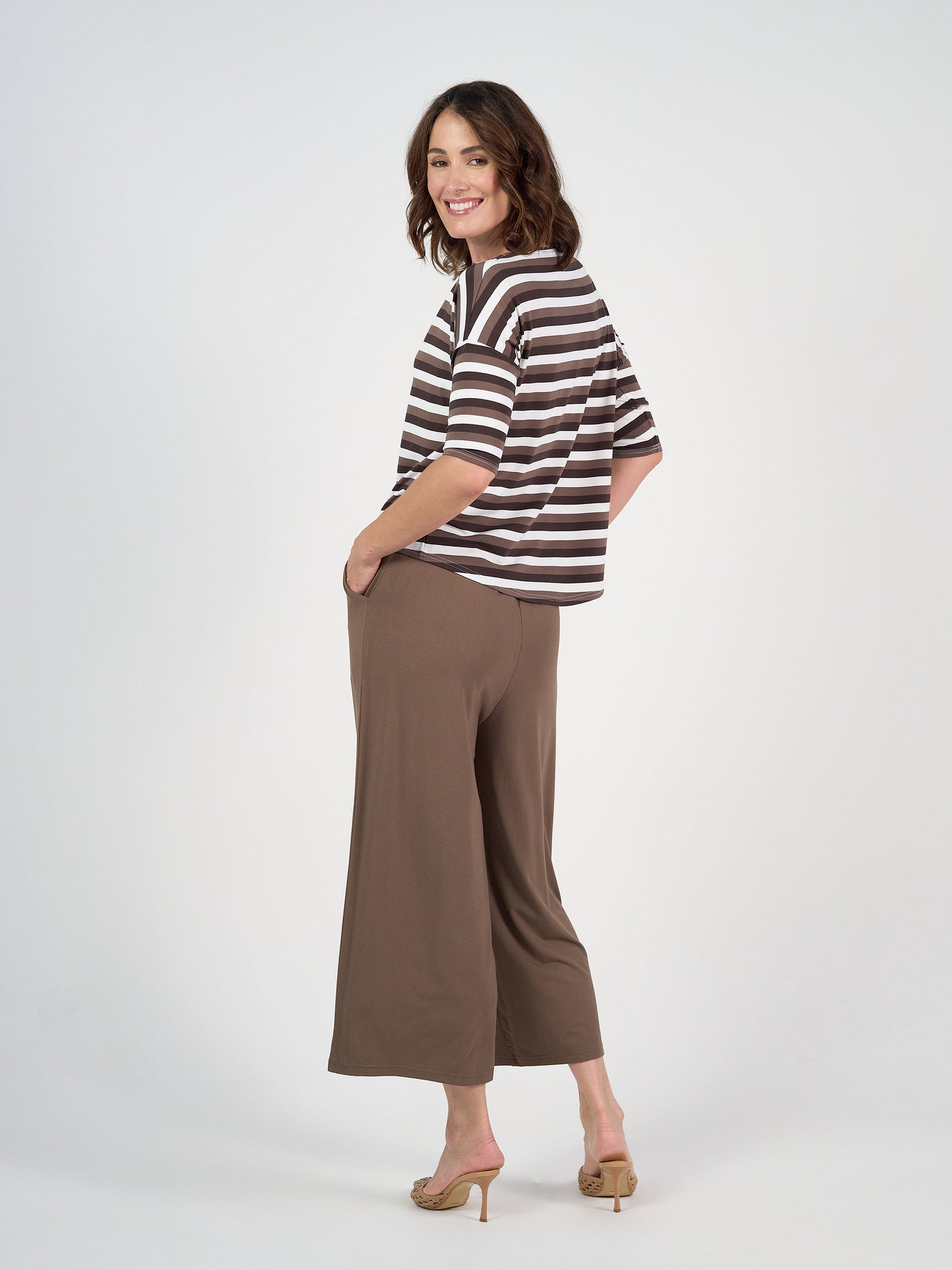 Camila 3/4 Sleeve Bamboo Top - Brown Stripe