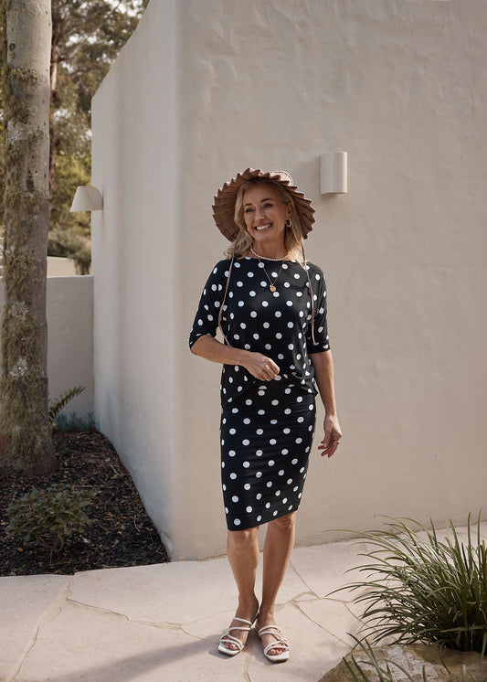 Lou Lou Australia Midi Bamboo Whitney Tube Skirt in Polka Dot, crafted from soft bamboo in a classic spotted pattern.
