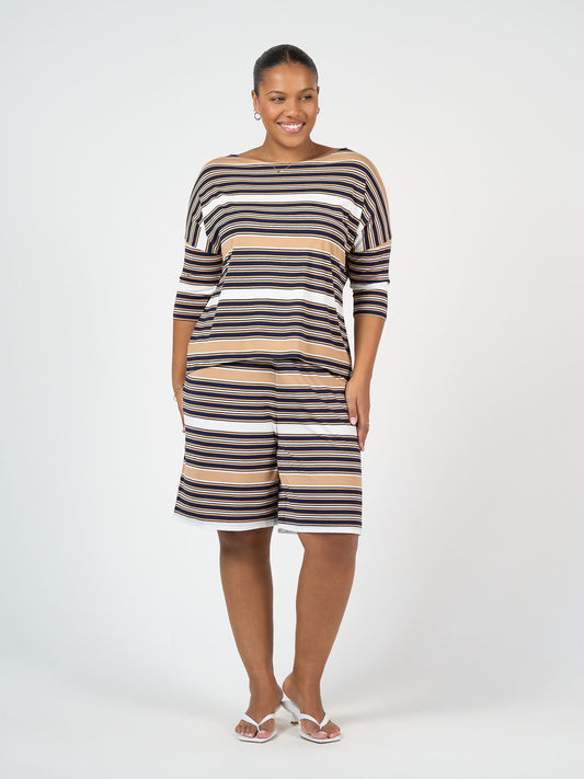 Lou Lou Australia Bamboo Tan Stripe Top and wide leg knee length shorts