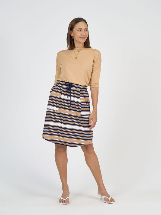 Lou Lou Australia Lee Bamboo Skirt with Pockets - Stripe, features a tie waist, pockets, and striped bamboo fabric.