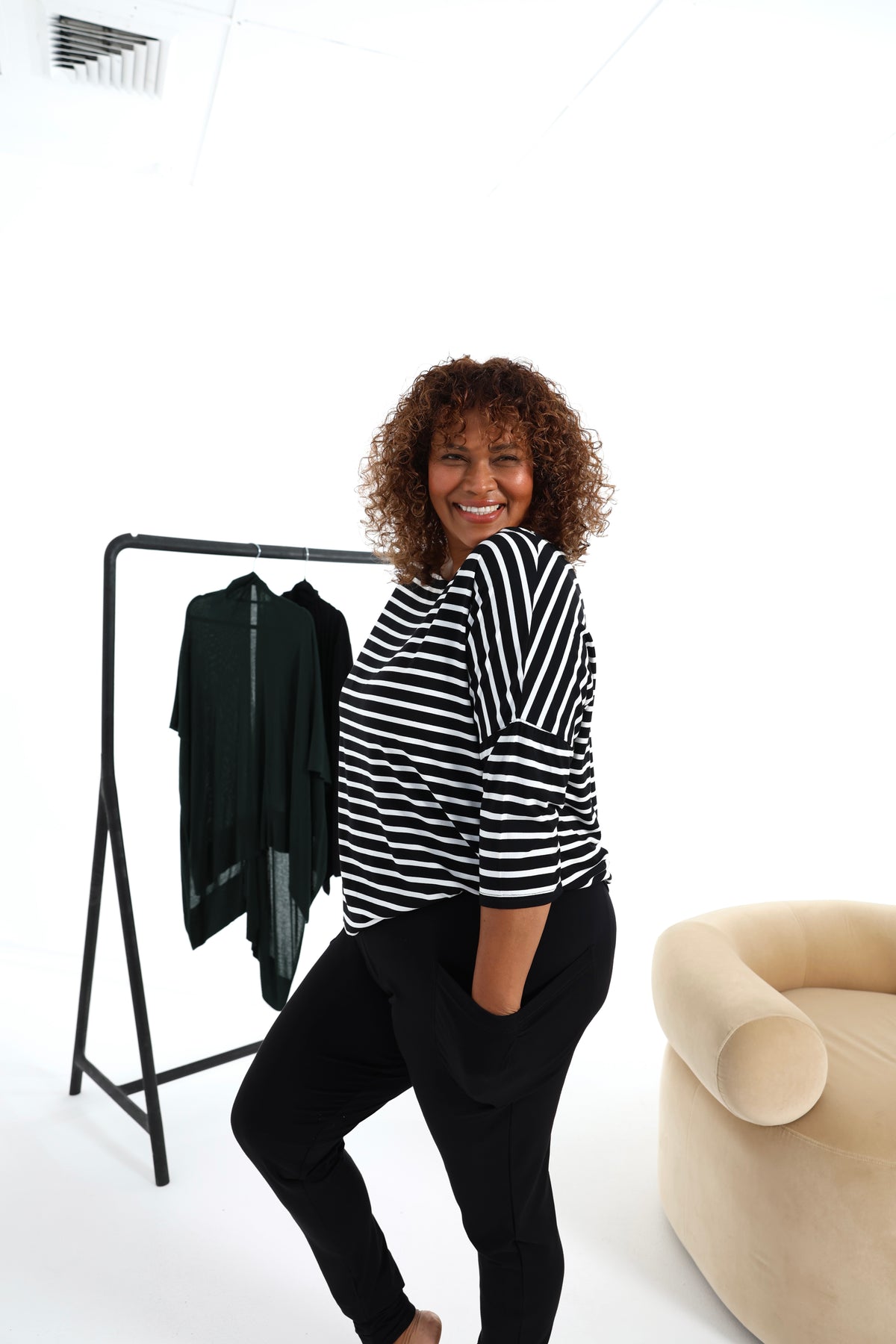 Black & white striped bamboo top with bamboo sweat pants