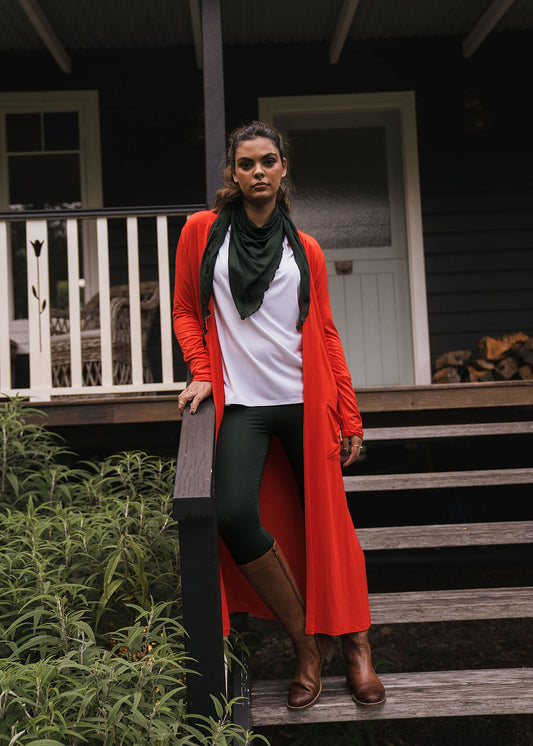 Bamboo Longline Pocket Cardigan - Fiery Red
