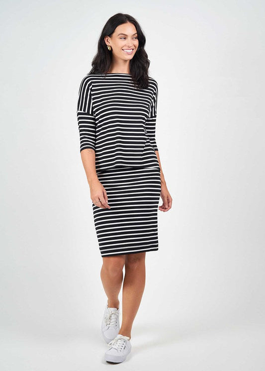 Lou Lou Australia Camila 3/4 Sleeve Bamboo Top in Black & White Stripe styled as a dress.