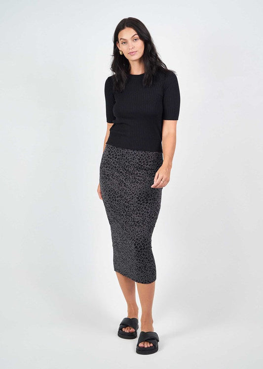 Lou Lou Australia Maxi Bamboo Whitney Tube Skirt in Steel Leopard, a bamboo fabric skirt in a steel leopard print.