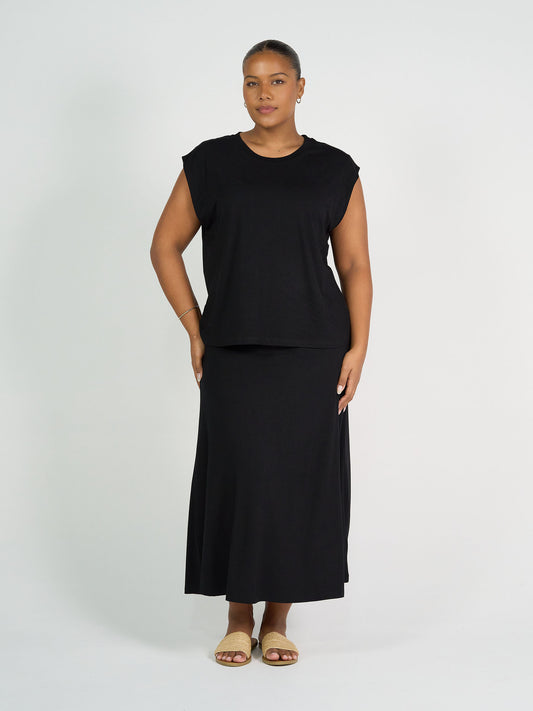 Lou Lou Australia Donna Cap Sleeve Bamboo Tee in black, made from bamboo fabric.