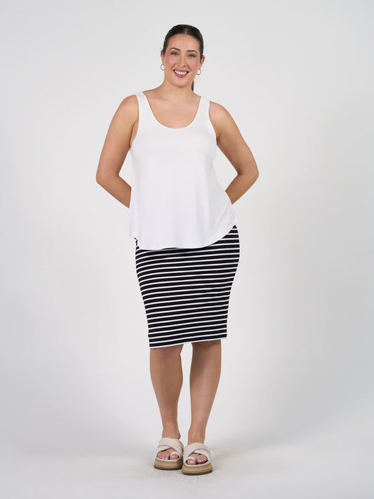 Lou Lou Australia Midi Bamboo Whitney Tube Skirt in Black & White Stripe, knee-length with a flattering silhouette.