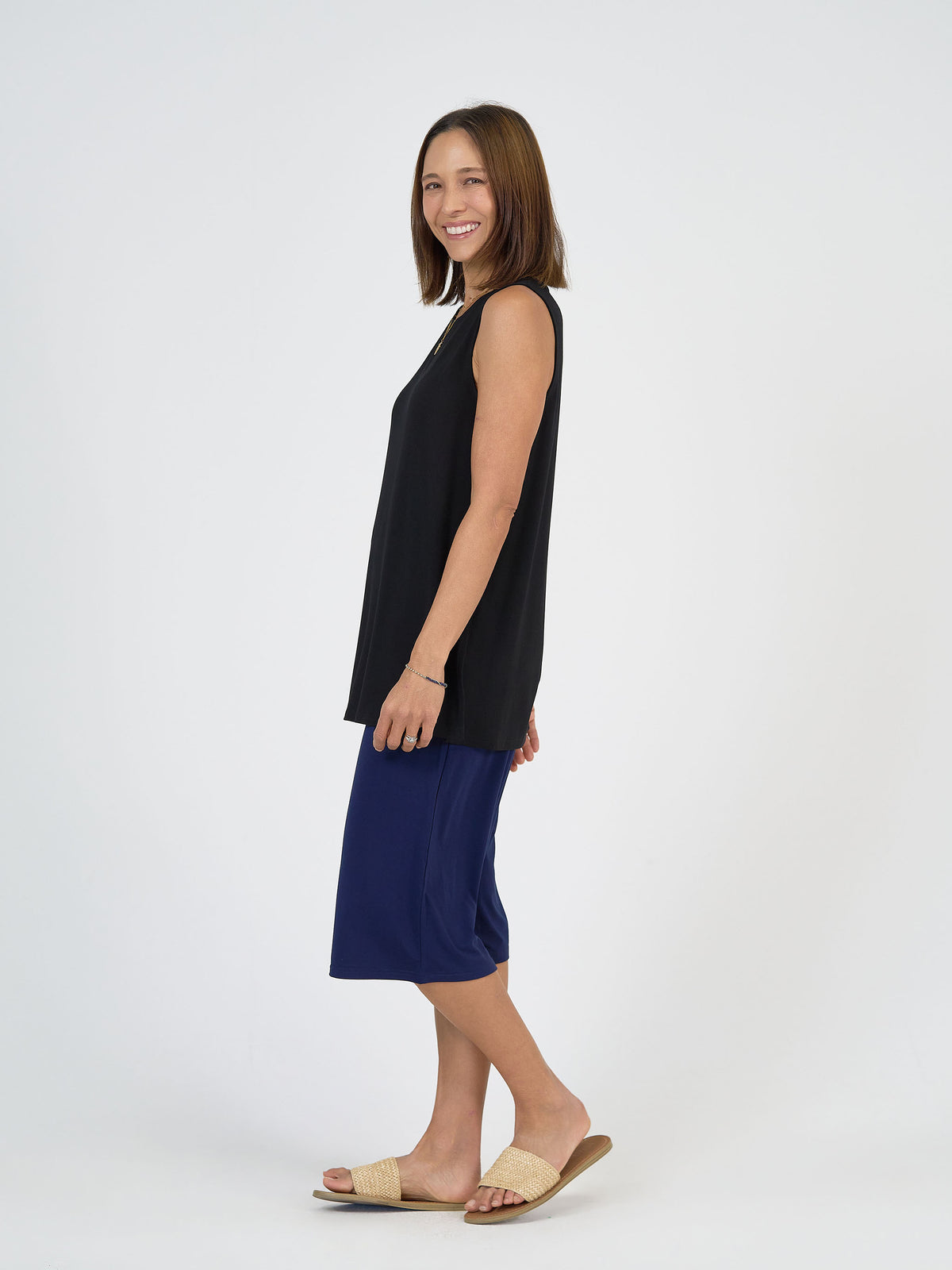 Lou Lou Australia Bakar 3/4 Length Bamboo Culottes in Navy, made from sustainable bamboo fabric.