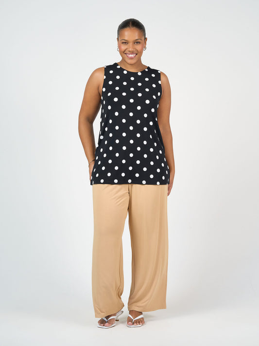 Lou Lou Australia Bamboo Black and White polka dot tank top and tan-beige wide-leg pants