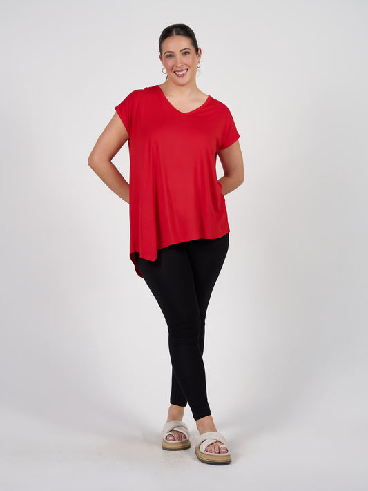 Lou Lou Australia Holiday Asymmetrical Bamboo V-Neck T-Shirt in Fiery Red.