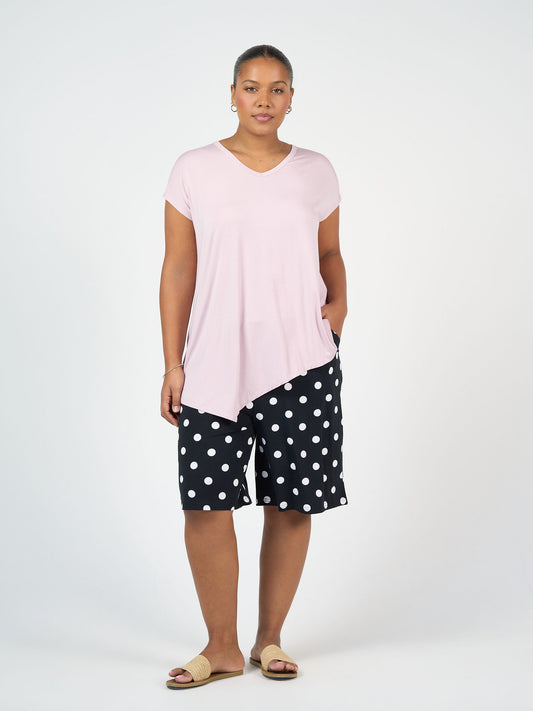 Lou Lou Australia Simone Wide Leg Bamboo Shorts - Polka Dot, black with white polka dots, knee-length.