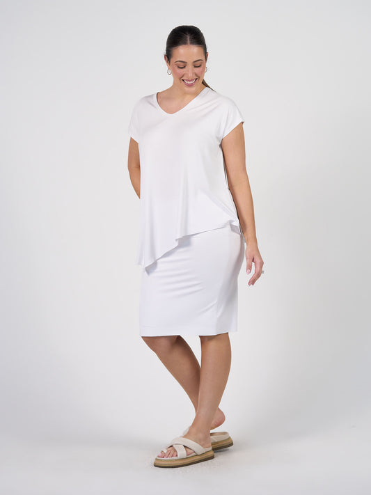Lou Lou Australia Holiday Asymmetrical Bamboo V-Neck T-Shirt in white.
