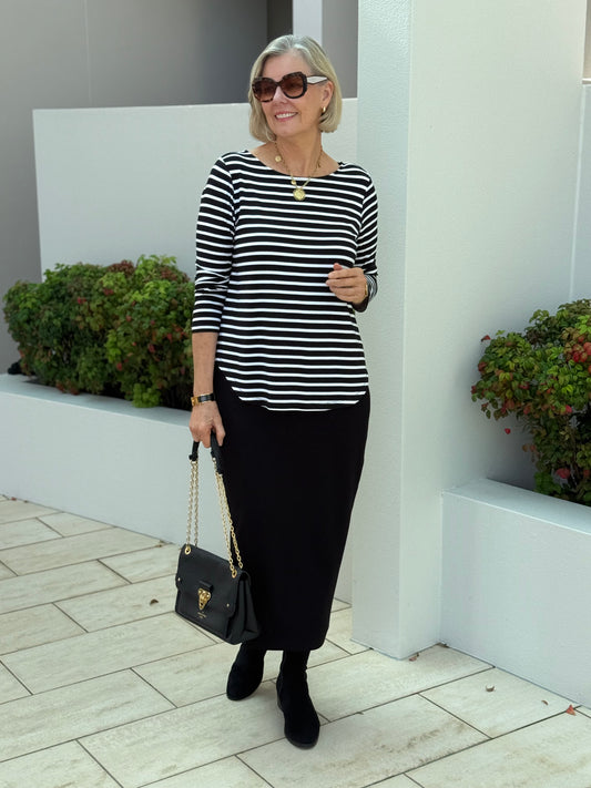 Linda Gowdie styled in Lou Lou Australia bamboo skirt — Styled with Linda edit
