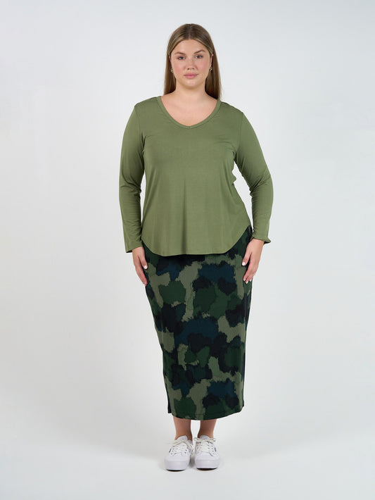 Sia V Neck Bamboo Longsleeve Top - Olive Green