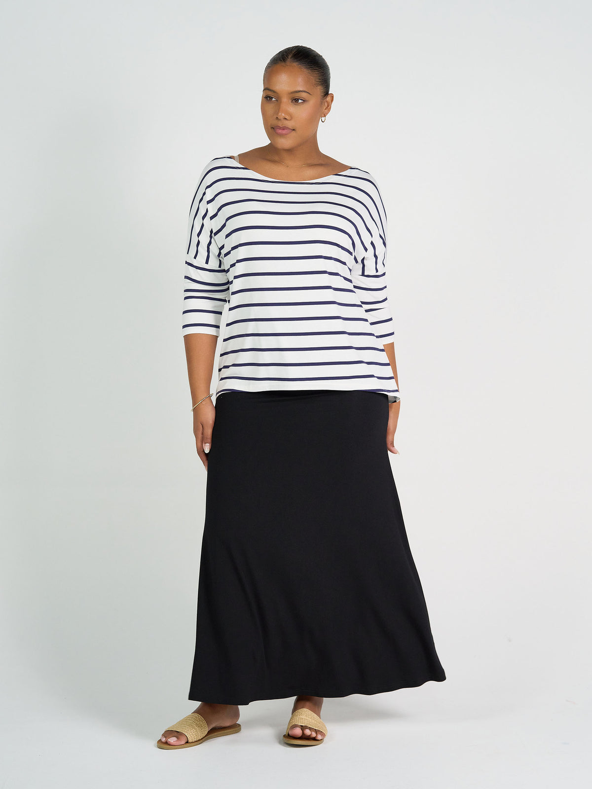 Lou Lou Australia Jackson Bamboo A-Line Maxi Skirt in black, ankle-length.