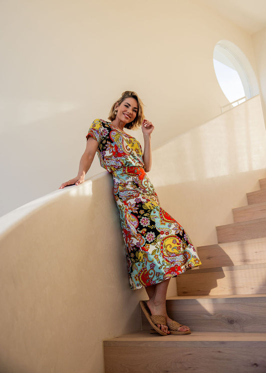Lou Lou Australia Jackson Bamboo Maxi Skirt in vibrant Noosa Pucci Print, made from soft bamboo fabric.