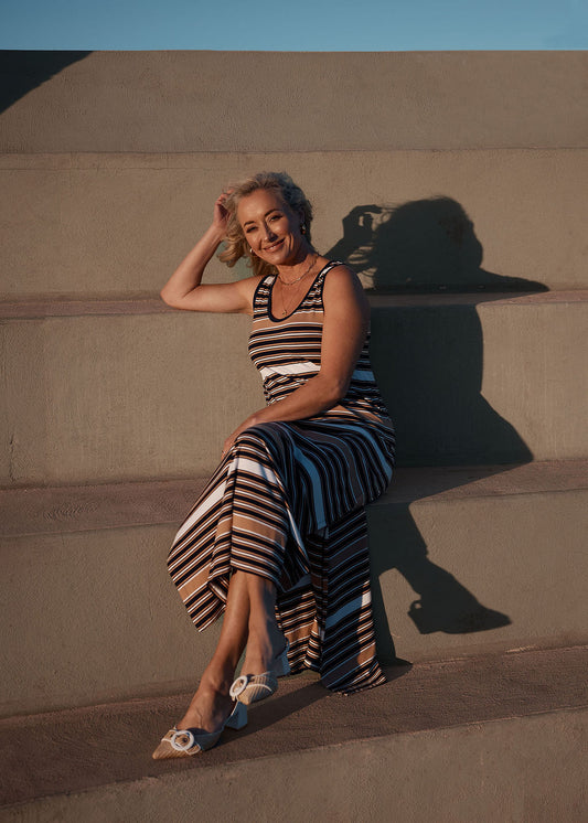 Lou Lou Australia Janet Sleeveless Bamboo Maxi Dress in Stripe, featuring soft bamboo fabric in striped colours.
