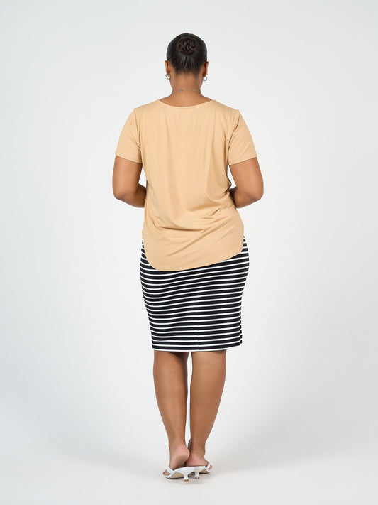 Lou Lou Australia Midi Bamboo Whitney Tube Skirt in Black & White Stripe with stretch waistband.