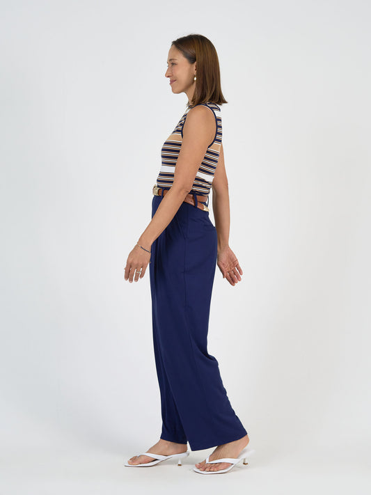 Lou Lou Australia Billie Bamboo Wide Leg Dress Pant in navy, high-waisted bamboo office trousers.