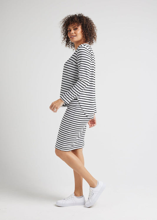 Sia V Neck Bamboo Longsleeve Top - Grey Marle & Black Stripe