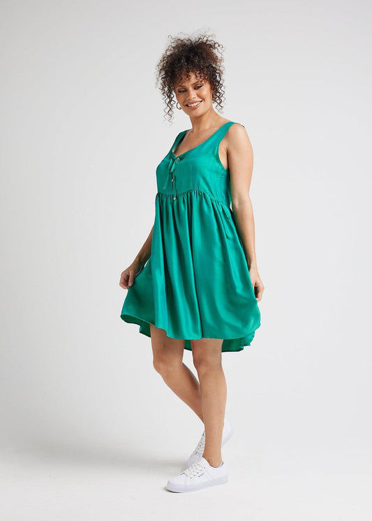 Lou Lou Australia Carnation Sleeveless Silk Dress in Emerald Green—bohemian silhouette, loose fit, silk material.
