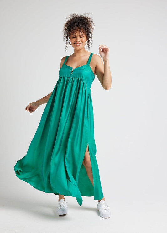 Lou Lou Australia Silk Begonia Sleeveless Silk Maxi Dress in emerald green.