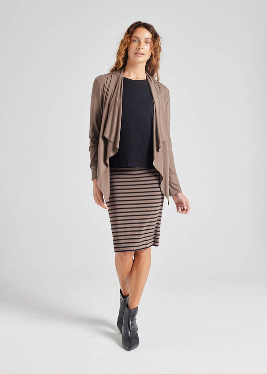 Lou Lou Australia Midi Bamboo Whitney Tube Skirt in Chocolate & Black Stripe with a stretch waistband.
