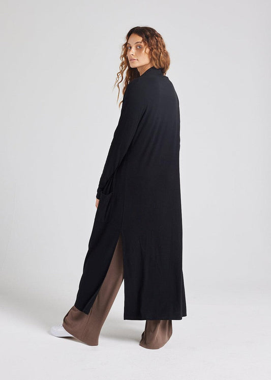 Ribbed Bamboo Long-Line Pocket Cardigan - Black