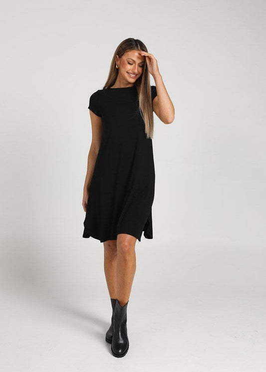 Cher Bamboo Short Sleeve T-Shirt Dress in black by Lou Lou Australia, made from sustainable bamboo fabric.