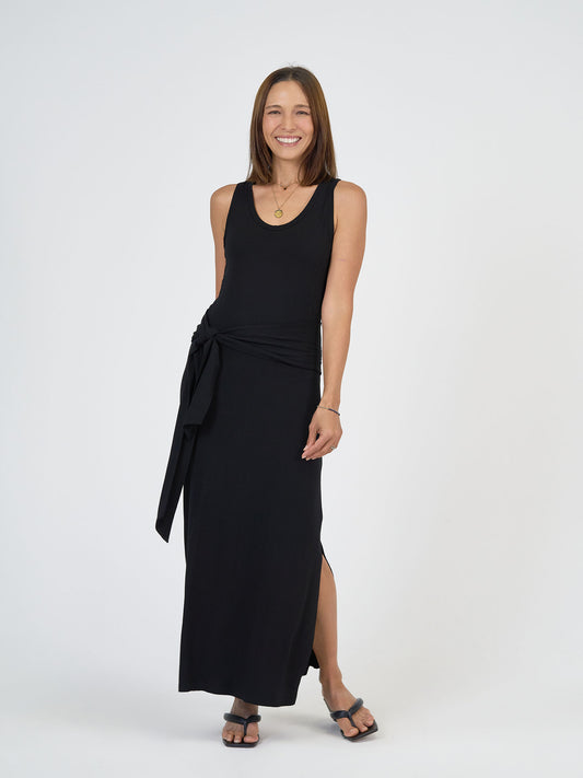 Lou Lou Australia Bamboo Black Maxi Dress with waist belt