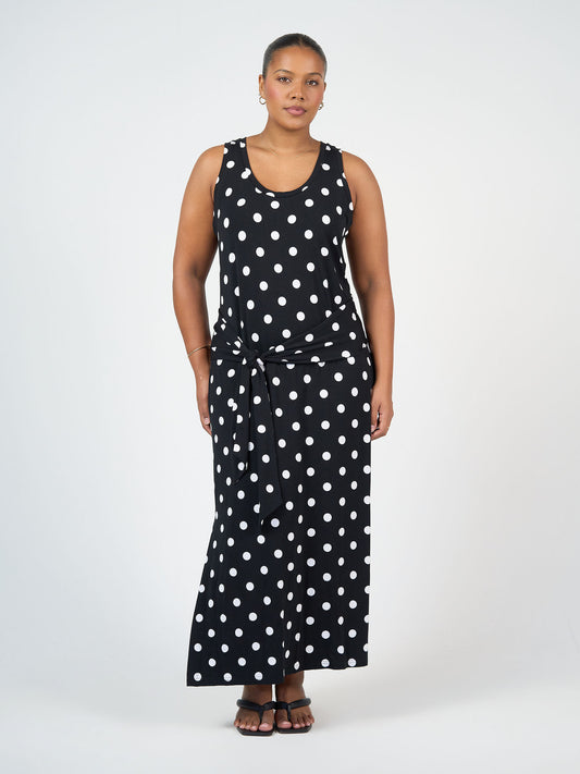 Lou Lou Australia Bamboo Maxi Dress with waist belt Black and white polka dot