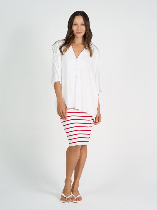 Lou Lou Australia Midi Bamboo Whitney Tube Skirt in Lipstick & White Stripe, knee-length with comfortable stretch waistband.