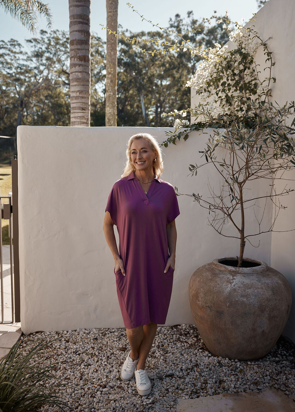 Naomi Bamboo Collared T-Shirt Dress - Plum