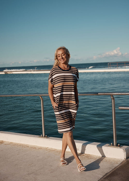 Lou Lou Australia Nicks Bamboo Short Sleeve T-Shirt Dress in striped, breathable stretch bamboo fabric.