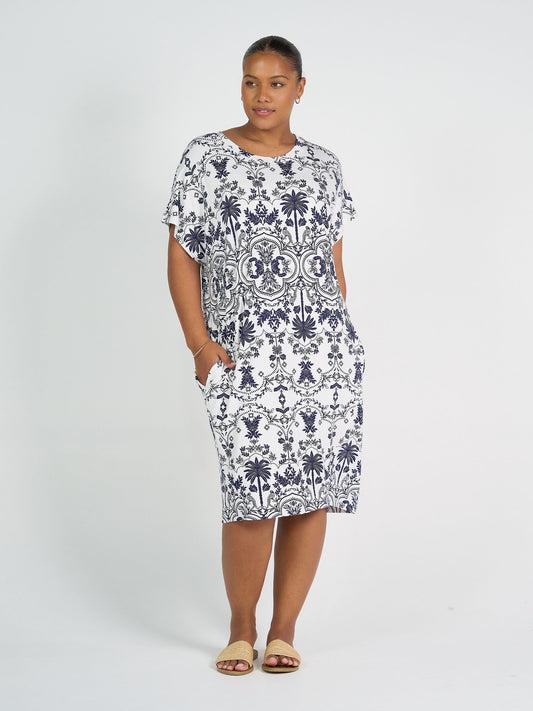 Nicks Bamboo Short Sleeve T-Shirt Dress - Blue Palm