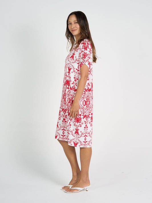 Nicks Bamboo Short Sleeve T-Shirt Dress - Lipstick Palm