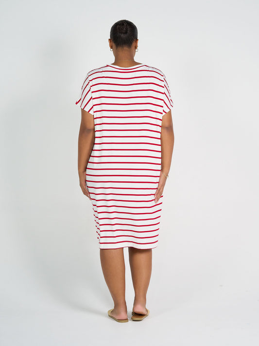 Nicks Bamboo Short Sleeve T-Shirt Dress - Lipstick & White Stripe