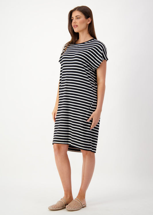 Nicks Bamboo Short Sleeve T-Shirt Dress - Black & White Stripe
