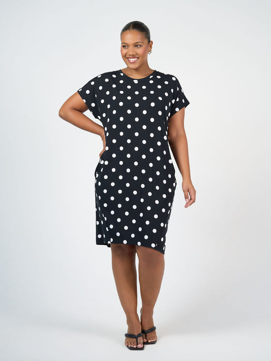 Lou Lou Australia Nicks Bamboo Short Sleeve T-Shirt Dress in Polka Dot, made from ultra-soft bamboo fabric.