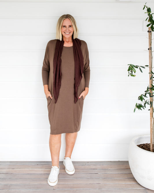 Turner Long-Sleeve Bamboo T-Shirt Dress - Chocolate