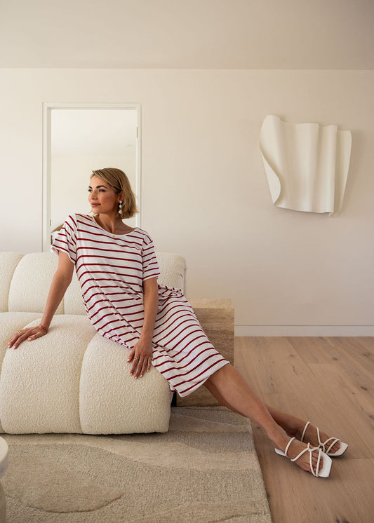 Sade Bamboo Midi Dress - Lipstick & White Stripe