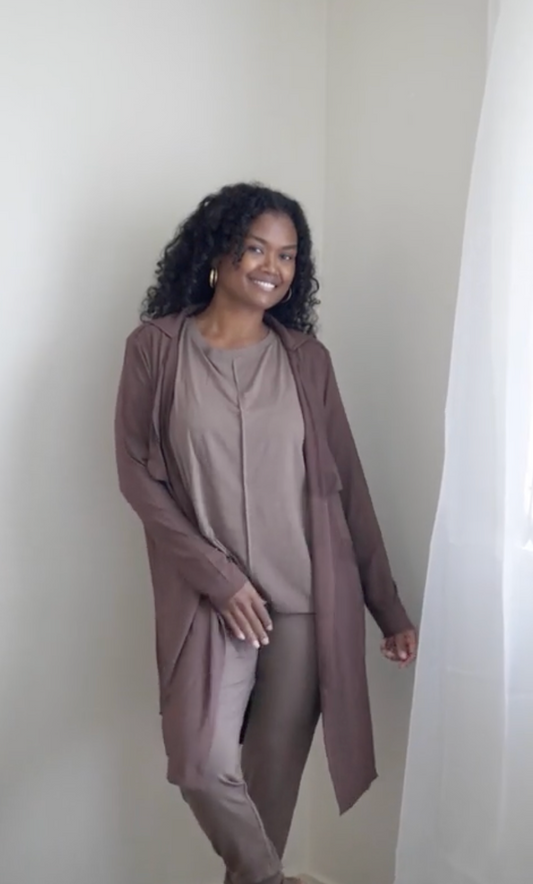 Lou Lou Australia Avril Bamboo Trench Coat in Chicory Coffee, featuring a lightweight bamboo material and taupe color.