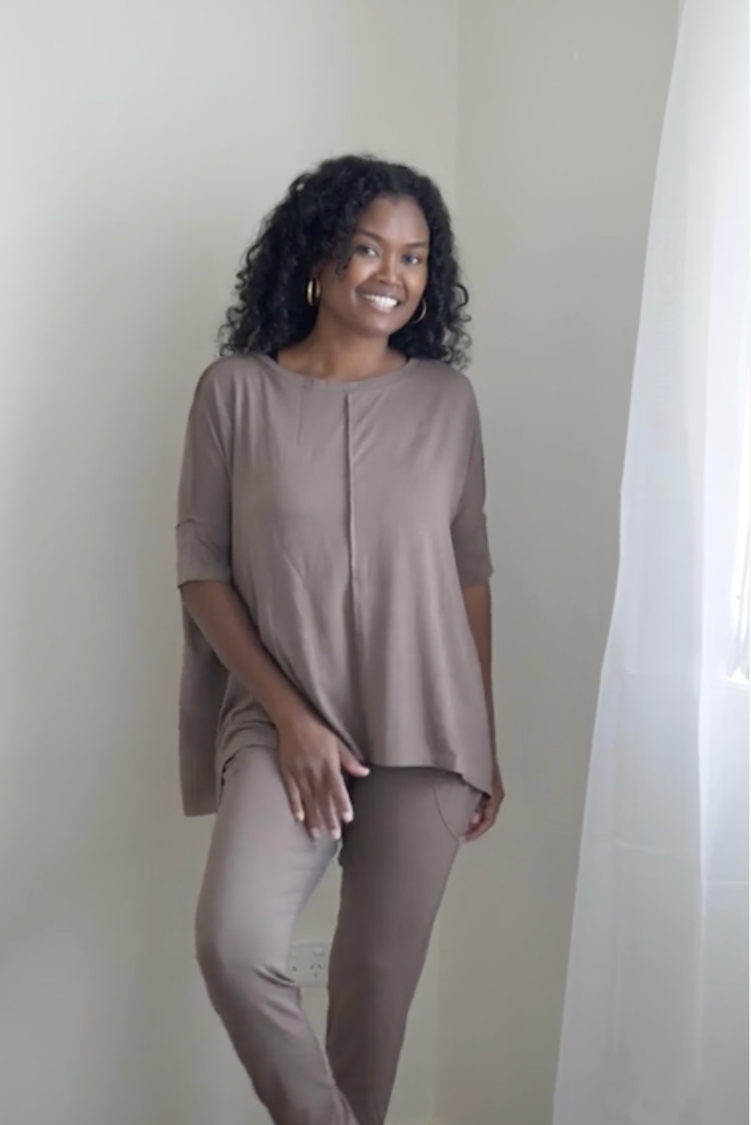 @melanesian.mumma in lou lou australia brown bamboo jogger pant and long sleeve bamboo top