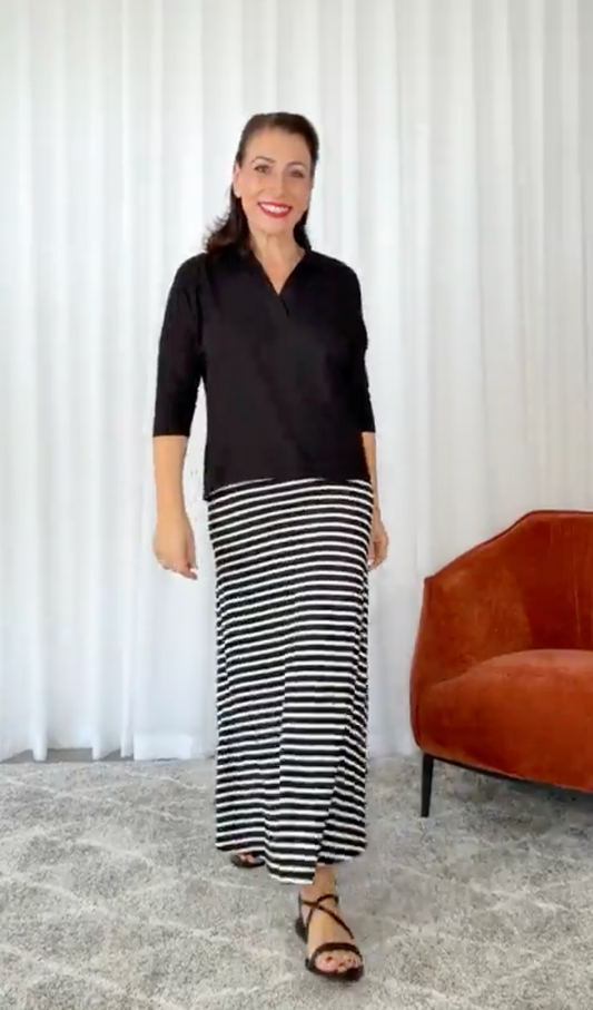 Lou Lou Australia Jackson Bamboo A-Line Maxi Skirt in Black & White Stripe.