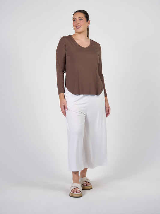 Lou Lou Australia Sia V Neck Bamboo Longsleeve Top in Chocolate.