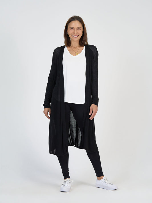 Cashmere Cardigan styled with black leggings and white long sleeve top Lou Lou Australia